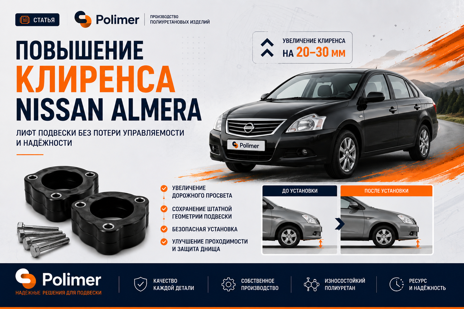 Увеличение клиренса Nissan Almera: полиуретановые проставки для поднятия кузова | Компания Полимер